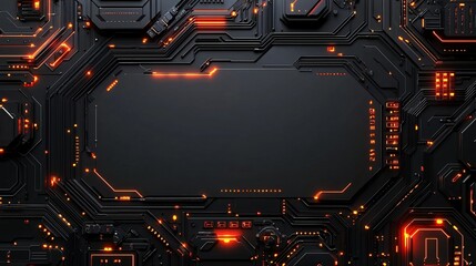 Wall Mural - futuristic abstract technology background dark circuit board with glowing orange lines and central