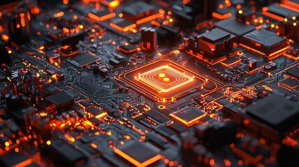 Poster - futuristic circuit board glowing orange technology background