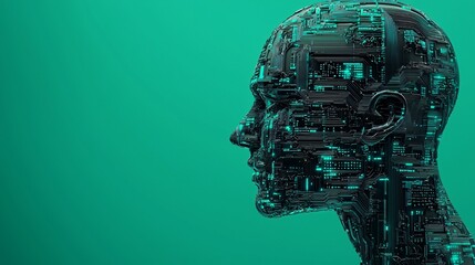 Poster - futuristic ai head profile circuit board humanoid teal background digital art