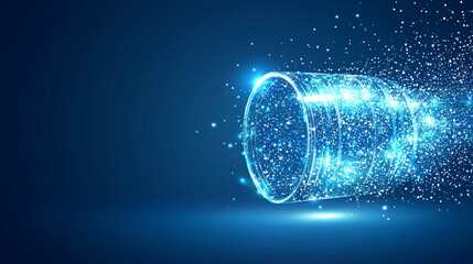 Sticker - abstract blue glowing cylinder disintegrating into particles futuristic technology background