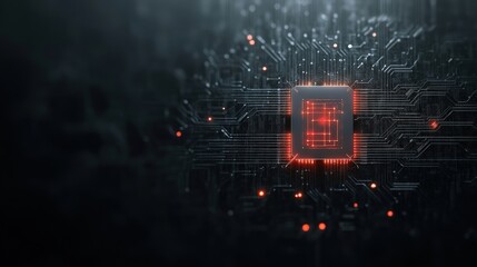 Poster - Futuristic Microchip on Dark Circuit Board Background with Glowing Lines and Detailed Circuitry for Technology and Innovation Concepts
