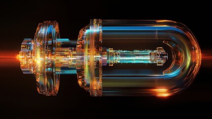 Fototapete - Abstract representation of a glowing retro vacuum tube with colorful reflections, showcasing intricate details and a modern digital design in a dark background setting.