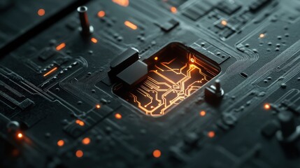 Fototapete - Intricate Close-Up of a Circuit Board with Glowing Orange Microchip Components Against a Dark Background for Technology and Innovation Themes