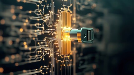 Fototapete - Encrypted Security Concept with Lock Over Circuit Board, Showcasing Digital Encryption, Data Protection, and Cybersecurity Technology Visualizations
