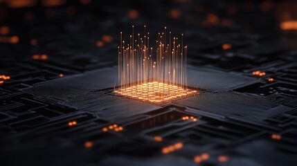 Poster - Abstract representation of a futuristic microchip with glowing connections, demonstrating advanced technology concepts, data processing, and digital innovation in a dark environment