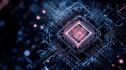 Poster - Abstract representation of a futuristic microchip technology with glowing elements, intricate circuits, and interconnected data pathways for digital innovation concepts