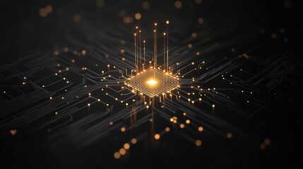 Poster - Abstract digital microchip design with glowing lines and circuit pathways, representing technology, innovation, and advanced computing systems on a dark background