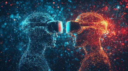 Wall Mural - two abstract figures in vr headsets connected in a digital metaverse futuristic technology concept