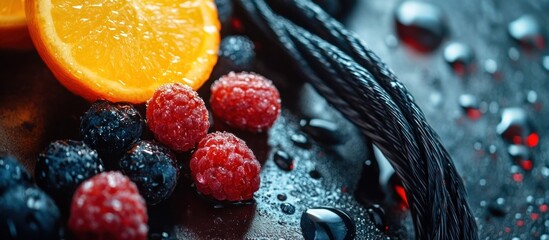 Wall Mural - Closeup of an assortment of colorful juicy fresh fruits and berries including orange slices raspberries and blackberries with water splashes drips and bubbles against a dark moody background  Healthy