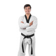 © suphaporn - Confident Male Taekwondo Practitioner in Traditional White Uniform with Black Belt, Arms Crossed, Smiling, isolated on a transparent background, Representing Martial Arts and Discipline