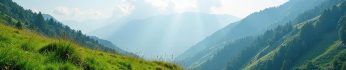 Misty Himalayan mountain scenery with dew-kissed grasses, serenity, dew-kissed, himalayas