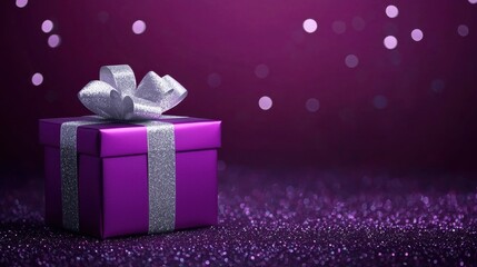 Wall Mural - Elegant purple gift box with shimmering background