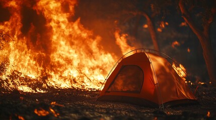 Sticker - Fiery inferno engulfs tent dramatic nighttime scene. AI Generated