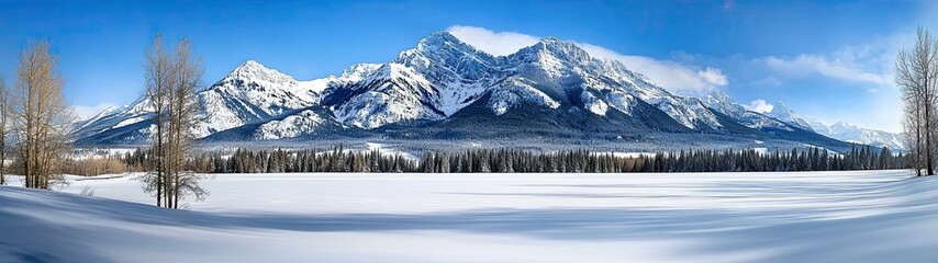 Wall Mural - majestic snow-covered mountains under bright blue sky with peaceful frozen landscape