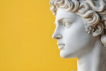 Wall Mural - A white marble statue of an ancient Greek woman wearing modern sunglasses on a solid yellow background