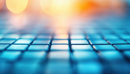 Dynamic blue grid pattern with soft bokeh lights in background, creating modern and abstract technology feel