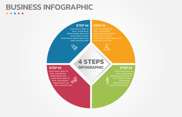 Poster - Visual data presentation. Cycle diagram with 4 options. Pie Chart Circle infographic template with 4 steps, options, parts, segments. Business concept. Marketing infographic vector illustration.