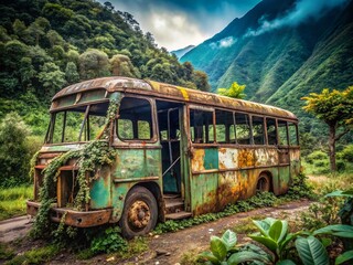 Wall Mural - Rustic Old Bus Abandoned in Majestic Mountain Landscape - Candid Photography