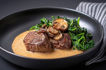 Beef Tenderloin with Mushroom Garlic Cream Sauce and Sautéed Green