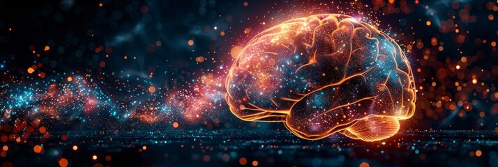 Wall Mural - glowing brain with blue and orange sparks on a dark background. ai generative. .