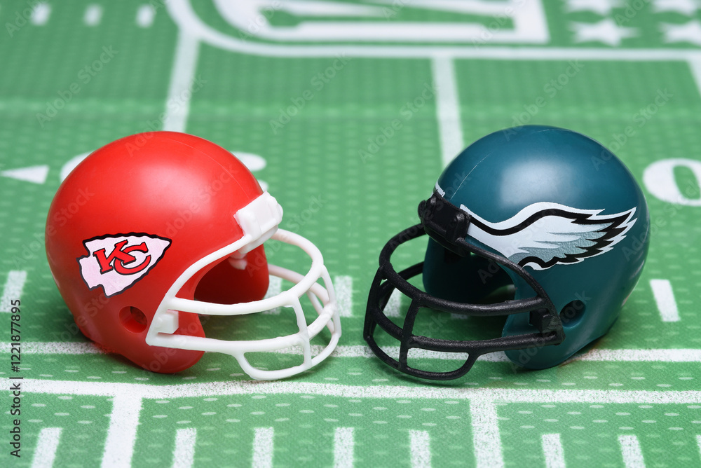 IRVINE, CALIFORNIA 26 Jan 2025 Football helmets of the Kansas City