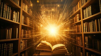 Wall Mural - A bookshelf filled with glowing books emitting light beams, Knowledge scene, Illuminating style