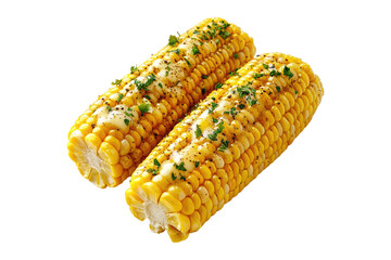 Wall Mural - Corn on the cob with butter and herbs isolated on white or transparent, PNG