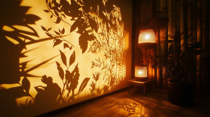 Wall Mural - Dramatic Shadows of Plants and Leaves on a Wall with Woven Lamps