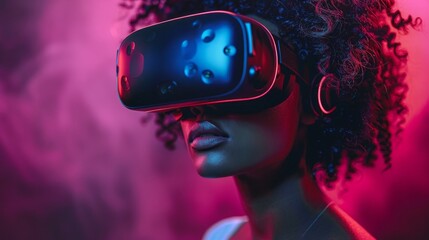 Wall Mural - a woman with curly hair wears a vr headset in a pink and blue light. ai generative. .
