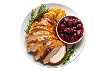 Wall Mural - Turkey slices with cranberry sauce and rosemary garnish in white plate isolated on white or transparent, PNG