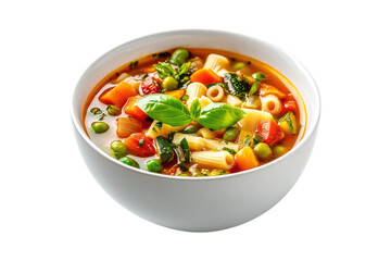 Wall Mural - Italian minestrone soup with colorful vegetables and pasta in white bowl isolated on white or transparent, PNG