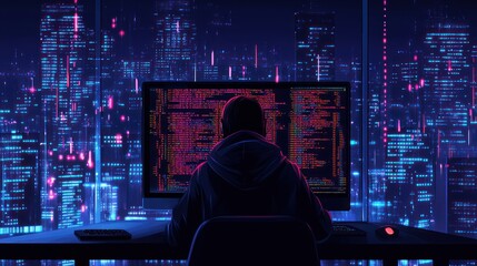 Hacker coding at night overlooking a futuristic city.