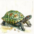 © jinna - Vibrant Green Tortoise Shell Watercolor Painting Detailed Reptile Illustration