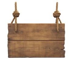 A rustic wooden sign hangs from two pieces of rope tied in knots providing a blank space for a message.