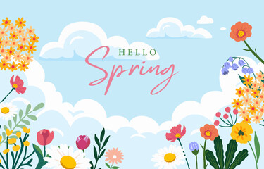 Spring landscape background with sky and tree  for horizontal design