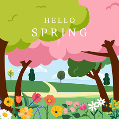 Wall Mural - spring landscape background with mountain and tree for square design