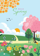 Wall Mural - spring landscape background with mountain and tree for a4 vertical design