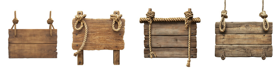 Aufkleber - Four rustic wooden signs with rope hangings, offering a blank space for text or images.