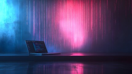 Laptop displays code against a neon digital rain backdrop