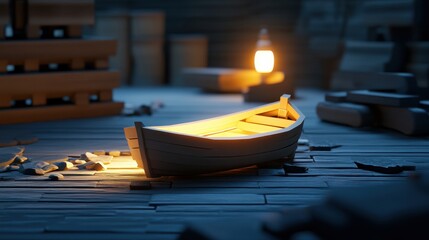 Wall Mural - Illuminated Model Boat in a Rustic Setting