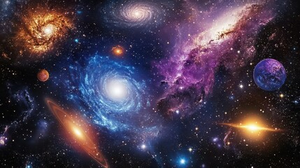 Wall Mural - swirling nebulas and galaxies collide in deep space creating brilliant purple and blue energy waves 