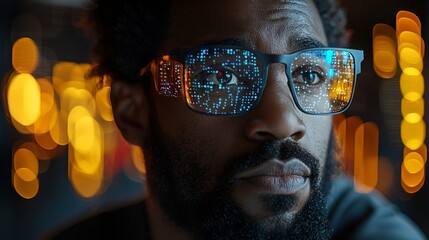 Man wearing smart glasses, city night, data reflection, pensive expression, tech future