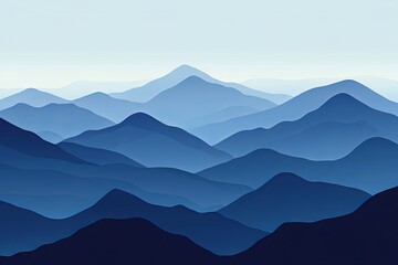 serene blue mountain range landscape, layered peaks fading into the horizon under a pale sky.