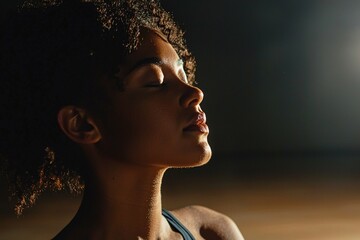 Fototapete - A diverse individual embodies mindfulness and self-care during a focused yoga session in a softly lit professional studio.