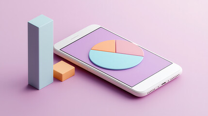 Aufkleber - 3D image of smartphone displaying colorful pie charts and bar graphs on pastel background, symbolizing data analysis and technology