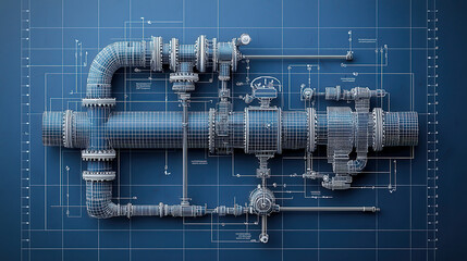 Aufkleber - detailed line drawing of large steel pipe system with valves and connections, showcasing industrial design and engineering precision