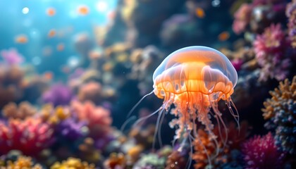 a hyper-realistic underwater scene showing a jellyfish drifting near a vibrant coral reef. the jelly