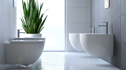 Aufkleber - modern pristine white bathroom featuring two stylish sinks and bidet, with water flooding floor and large green plant adding touch of nature