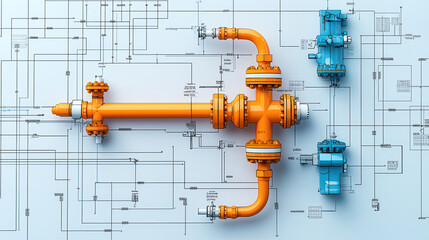 Aufkleber - precise line illustration of system of pipes and valves, showcasing orange pipe connected to blue valves, with detailed technical schematics in background