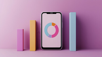Aufkleber - modern mobile phone displaying colorful pie chart, surrounded by vibrant bar graphs on pink background. This represents data analysis and technology
